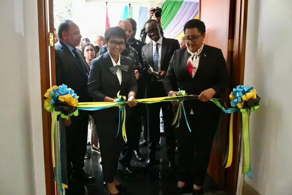 Foreign Affairs Minister Retno Marsudi and her Tanzanian counterpart Stergomena Tax inaugurate the Tanzanian embassy in Jakarta on June 22, 2023. (Photo Courtesy of Foreign Affairs Ministry)