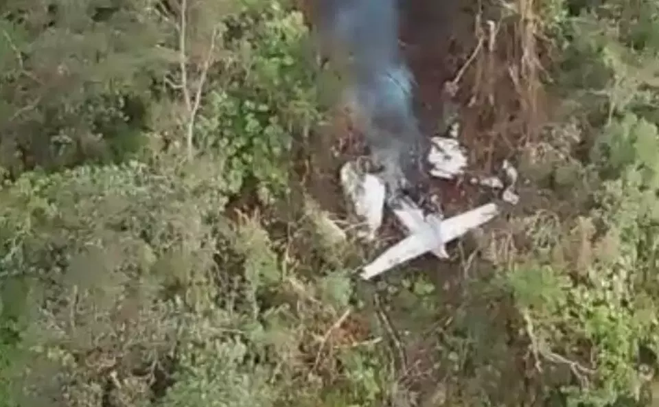 This screen capture of aerial video recording shows the wreckage of a small plane belonging to Semuwa Air that crashed in the jungle in Yalimo Regency, Papua, Friday, June 23, 2023. (handout)