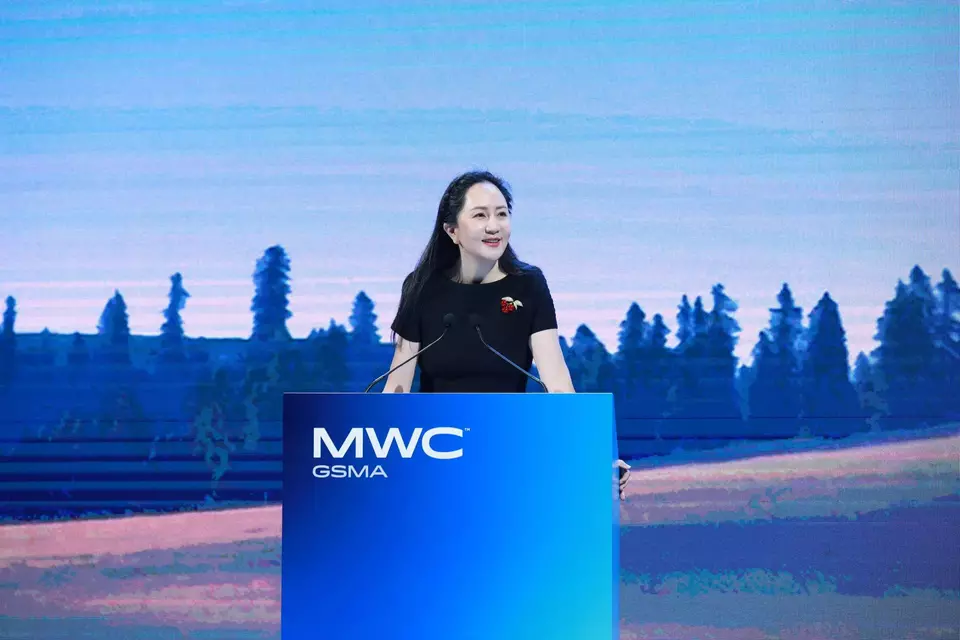 Huawei's rotating Chairwoman and CFO Sabrina Meng delivers a speech during the opening of the Mobile World Congress in Shanghai, Wednesday, June 28, 2023. (Handout)