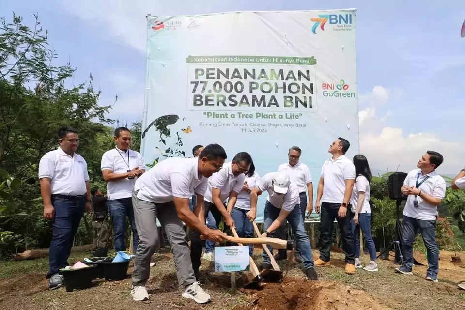 State-owned bank BNI sponsors a tree-planting program in Bogor, West Java, on July 11, 2023. (Handout)