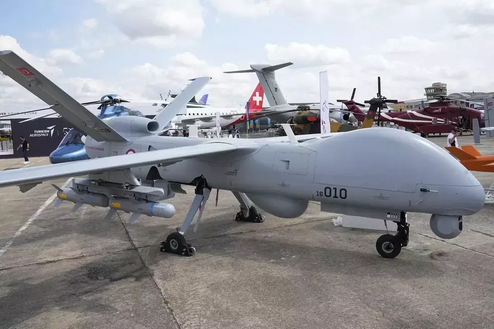FILE - An ANKA drone developed by Turkish Aerospace Industries is presented at the Paris Air Show on June 21, 2023, in Le Bourget, north of Paris. (AP Photo/Michel Euler, File)