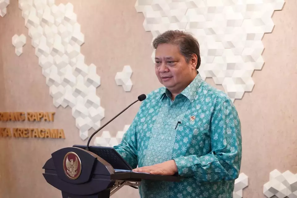 Coordinating Minister for Economic Affairs Airlangga Hartarto speaks at a news conference at his office in Jakarta, Monday, Aug. 7, 2023. (Handout)