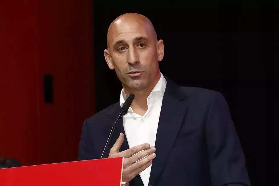 The president of the Spanish soccer federation Luis Rubiales speaks during an emergency general assembly meeting in Las Rozas, Friday Aug. 25, 2023. (Europa Press via AP)