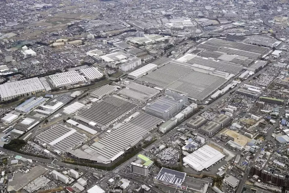 This aerial photo shows Toyota's Motomachi plant on March 1, 2022, in Toyota, central Japan. All 28 vehicle assembly lines at Toyota's 14 auto plants in Japan shut down Tuesday, Aug. 29, 2023, over a problem in its computer system that deals with incoming auto parts. (Kyodo News via AP)
