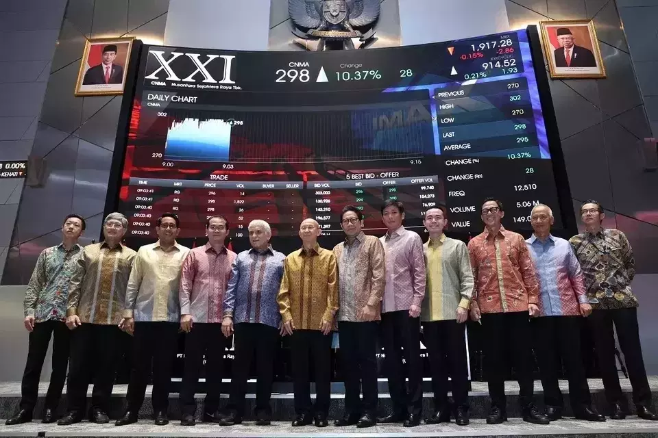 Executives of Nusantara Sejahtera Raya, the parent company of theater chain Cinema XXI, pose for a photo after the company is listed on the Indonesia Stock Exchange in Jakarta on Aug. 2, 2023. (Photo courtesy of IDX)