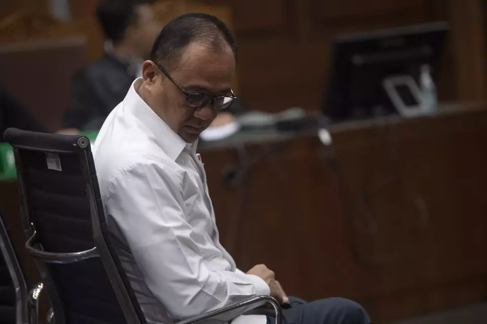 Former tax official Rafael Alun Trisambodo sits on the defendant's chair during the opening hearing of his corruption trial at the Jakarta Anti-Corruption Court, Wednesday, Aug. 30, 2023. (Antara photo)
