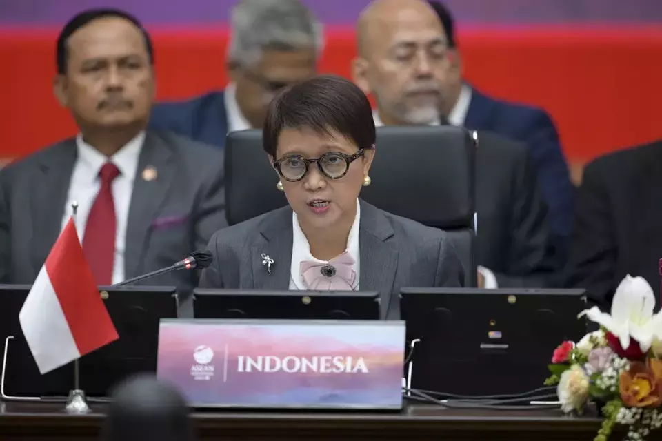 Indonesian Foreign Minister Retno Marsudi delivers her speech during the Association of Southeast Asian Nations (ASEAN) Foreign Ministers Meeting ahead of the ASEAN Summit, at the ASEAN Secretariat in Jakarta, Indonesia, Monday, Sept. 4, 2023. (Bay Ismoyo/Pool Photo via AP)