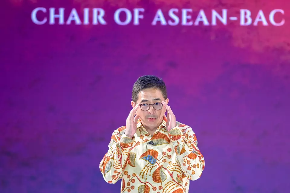 Indonesian Chamber of Commerce and Industry (Kadin) Chairman Arsjad Rasjid delivers a speech during the ASEAN Business and Investment Summit in Jakarta, Monday, Sept. 4, 2023. (Pool photo)
