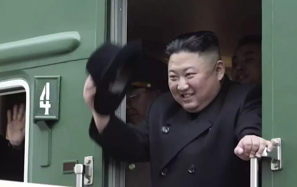 FILE - In this image from a video released by Primorsky Regional Administration Press Service, North Korean leader Kim Jong Un waves from his train as he leaves Khasan train station in Primorye region, Russia, Wednesday, April 24, 2019. (Primorsky Regional Administration Press Service via AP, File)