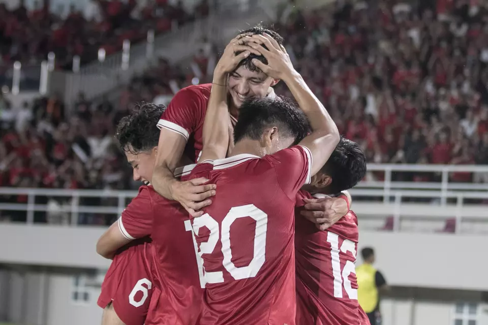 Indonesian U-23 Team players celebrate a goal during the Asia Cup qualifying match against Turkmenistan at Manahan Stadium in Solo, Central Java province, Tuesday, Sept. 12, 2023. (Antara Photo/Mohammad Ayudha)