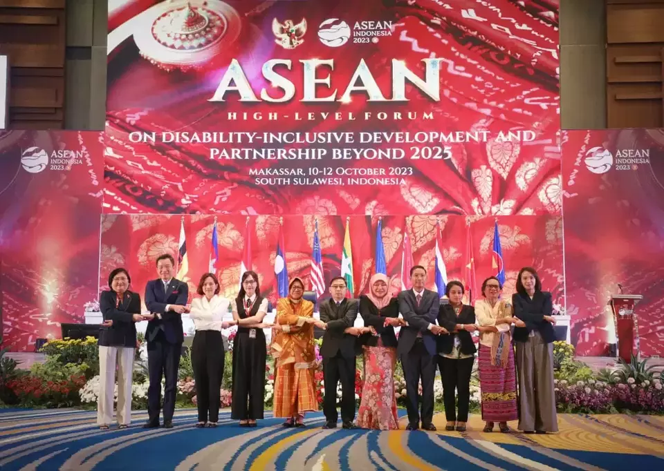 Delegates for the ASEAN High-Level Forum on Disability Inclusive Development and Partnership pose for a photo in Makassar, South Sulawesi, Tuesday, Oct. 10, 2023. (Handout)