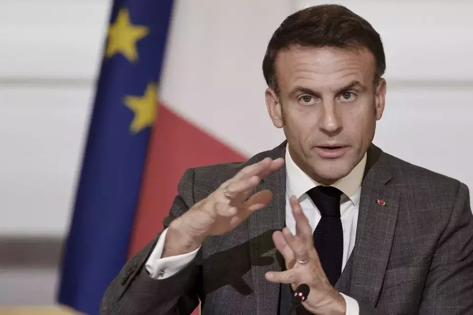 French President Emmanuel Macron speaks during a meeting with officials from Western and Arab nations, the United Nations and nongovernmental organizations at the Elysee Palace, in Paris, Thursday, Nov. 9, 2023. (Ludovic Marin, Pool via AP)