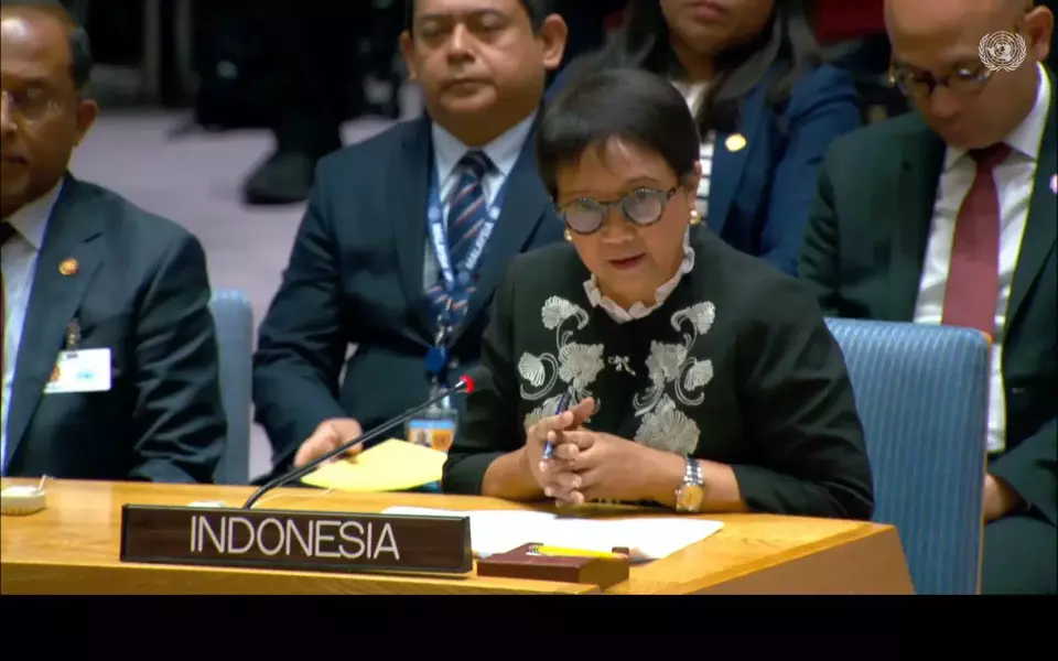 Foreign Affairs Minister Retno Marsudi speaks at the UN Security Council high-level open debate in New York on Nov. 29, 2023. (X/@Menlu_RI)