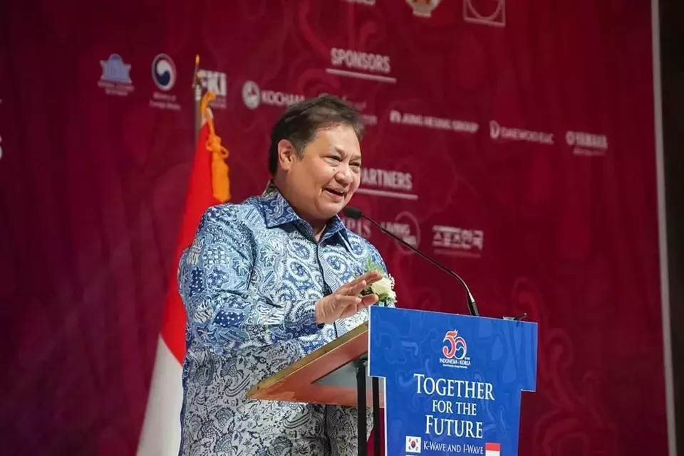 Chief Economic Affairs Minister Airlangga Hartarto speaks to Korea-Indonesia Economic Cooperation Forum in Jakarta on Nov. 30, 2023. (Photo Courtesy of Economic Affairs Ministry)