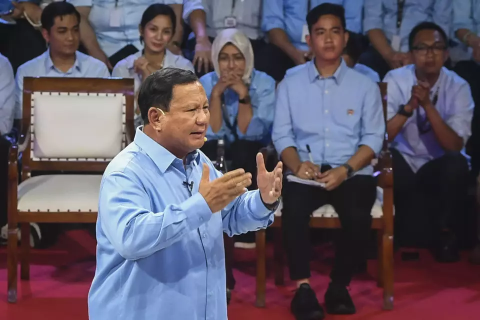 Presidential hopeful Prabowo Subianto speaks at the inaugural election debate in Jakarta on Dec. 12, 2023. (Antara Photo/Galih Pradipta)