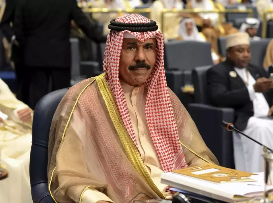 FILE - Then-Crown Prince of Kuwait Sheik Nawaf Al-Ahmad Al-Jaber Al-Sabah attends the closing session of the 25th Arab Summit in Bayan Palace in Kuwait City, Wednesday, March 26, 2014. (AP Photo/Nasser Waggi, File)