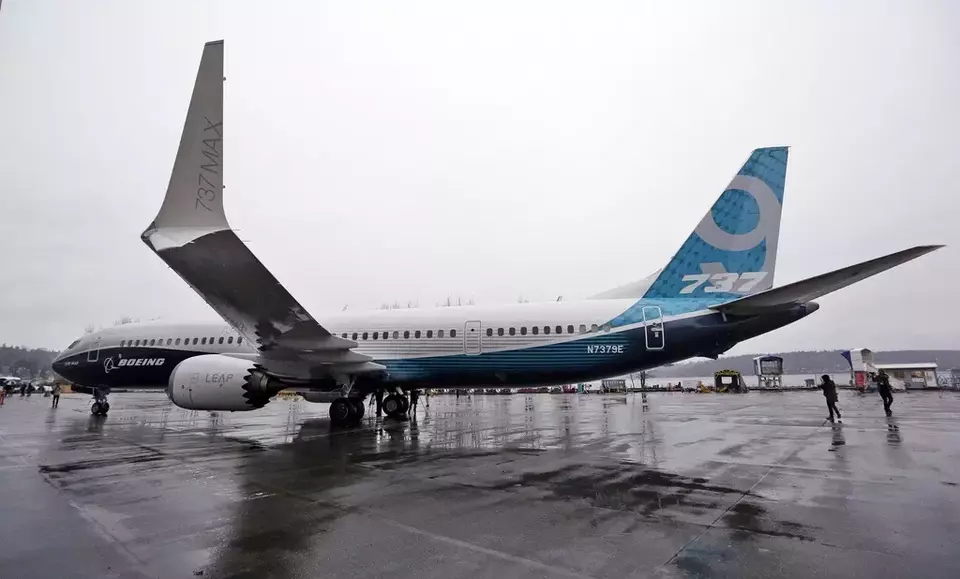 FILE - The first of the large Boeing 737-9 Max models sits outside its production plant, Tuesday, March 7, 2017, in Renton, Wash. (AP Photo/Elaine Thompson, File)