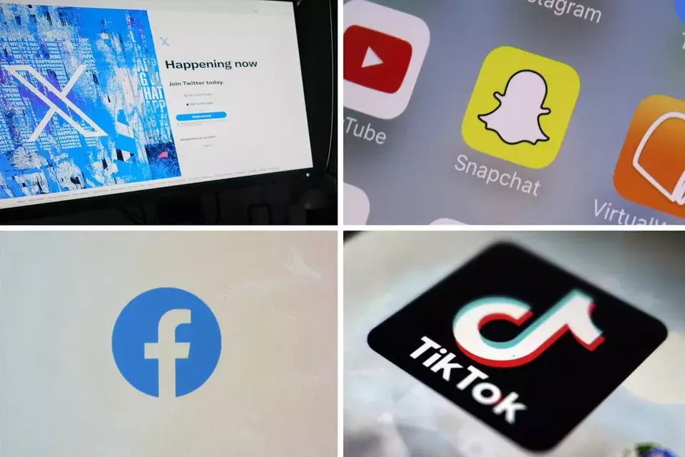 This combination of photos shows logos of X, formerly known as Twitter, top left; Snapchat, top right; Facebook, bottom left; and TikTok, bottom right. (AP Photo, File)