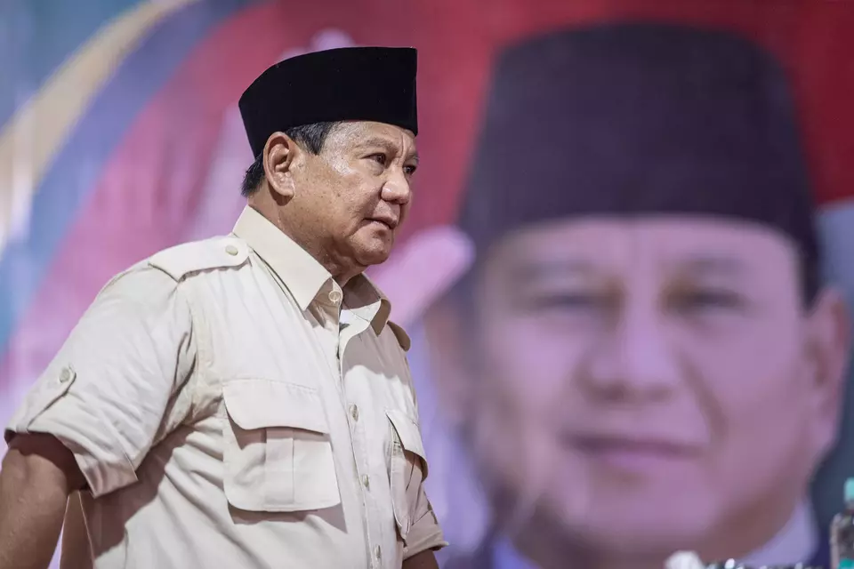 Presidential candidate Prabowo Subianto comes up to the stage in a forum in Palembang, South Sumatera, on January 9, 2024. (Antara Photo/Nova Wahyudi)