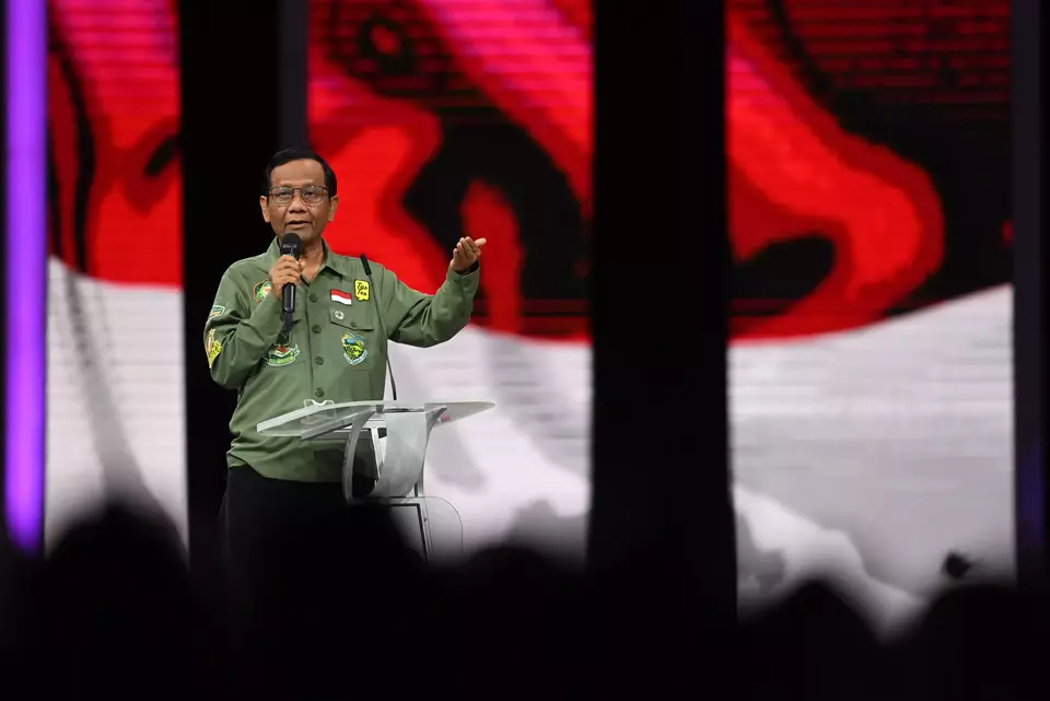 Vice-presidential candidate Mohammad Mahfud MD speaks during a debate at the Jakarta Convention Center, Sunday, Jan. 21, 2024. (Antara Photo//M Risyal Hidayat)