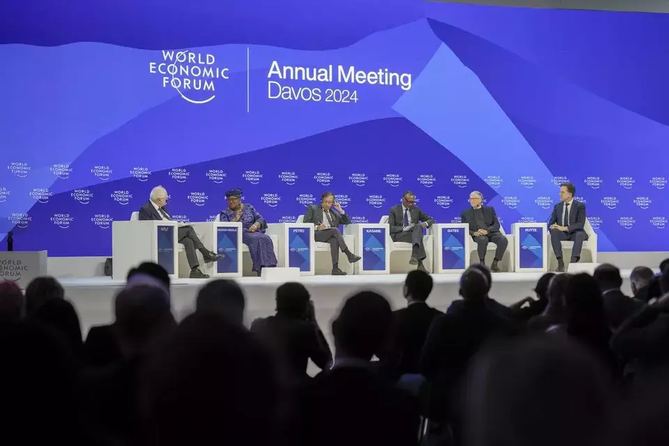 From left: Klaus Schwab, Chairman of the World Economic Forum, Ngozi Okonjo-Iweala, Director-General of the World Trade Organization, Gustavo Petro, President of Colombia, Paul Kagame, President of Rwanda, Bill Gates and Prime Minister of the Netherlands Mark Rutte take part in a panel at the Annual Meeting of World Economic Forum in Davos, Switzerland, Wednesday, Jan. 17, 2024. The annual meeting of the World Economic Forum is taking place in Davos from Jan. 15 until Jan. 19, 2024.(AP Photo/Markus Schreiber)
