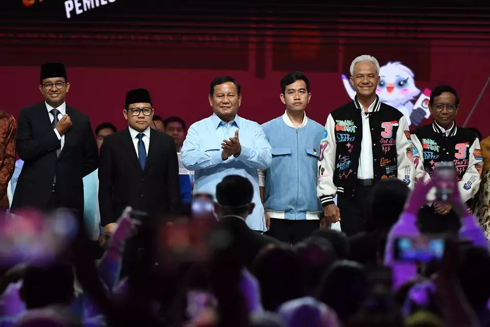 Presidential hopefuls Prabowo Subianto, Anies Baswedan, Ganjar Pranowo and their running mates at the debate finale in Jakarta on Feb. 4, 2024. (Antara Photo/Aditya Pradana Putra)