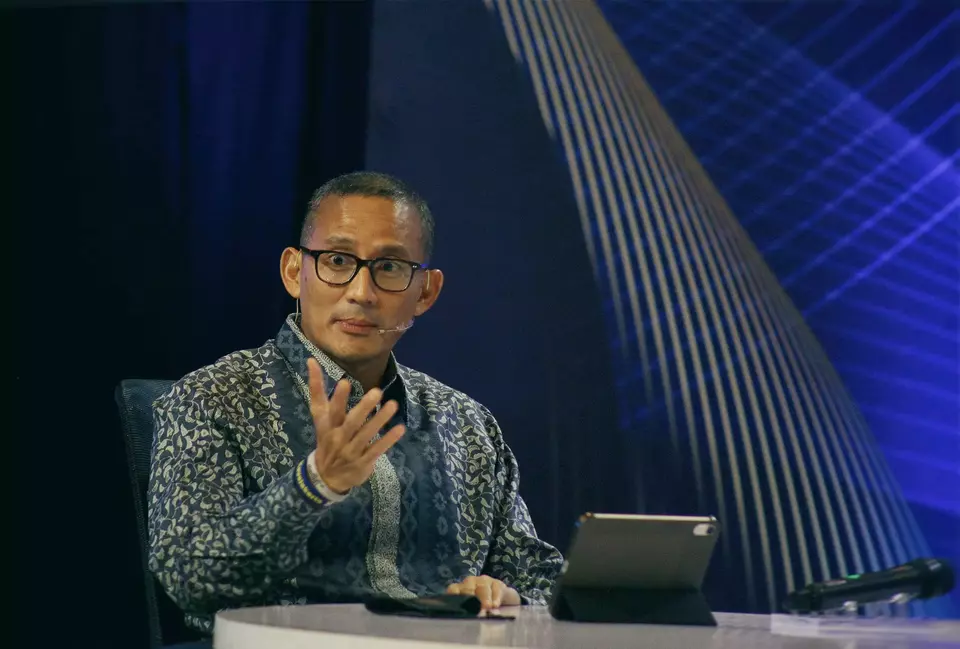 FILE - Tourism and Creative Economy Minister Sandiaga Uno speaks at the Investor Daily Roundtable in Jakarta on February 7, 2024. (B Universe Photo/Joanito de Saojao)