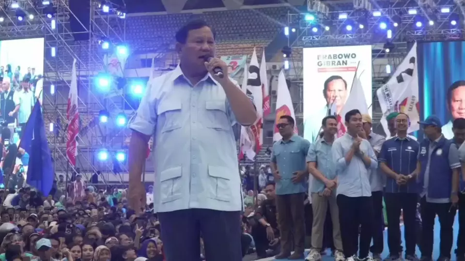 Presidential candidate Prabowo Subianto during a grand campaign event at Gelora Bandung Lautan Api Stadium (GBLA) in Bandung on Thursday, Feb. 8, 2024.