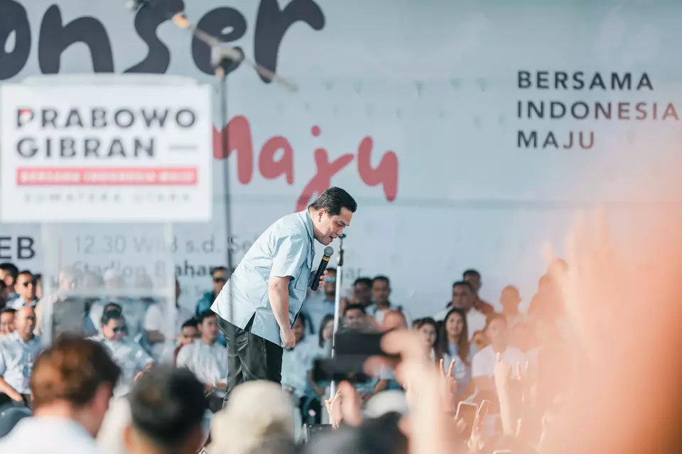 Indonesian Football Association (PSSI) chairman Erick Thohir takes the stage of the Onward Indonesia concert in Deli Serdang on February 7, 2024. (Handout Photo)