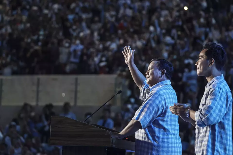 President-Elect Prabowo Subianto and his running mate Gibran Rakabuming Raka delivers a speech to his supporters during the announcement of the quick count results in Jakarta on Feb. 14, 2024. (Antara Photo/Dhemas Reviyanto)