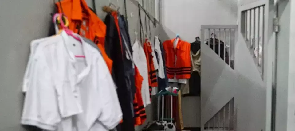 This undated photo shows clothes and detainee vests hanging in front of an open cell at the detention facility of the Corruption Eradication Commission (KPK) in Jakarta. (Photo courtesy of KPK)