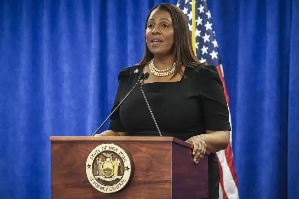 FILE - New York Attorney General Letitia James speaks Feb. 16, 2024, in New York. Donald Trump could be at risk of losing some of his prized properties if he can