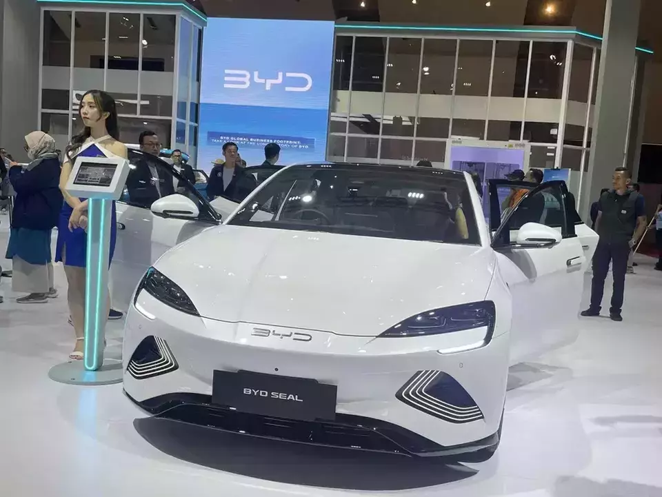 BYD Seal on display at the Indonesia International Motor Show (IIMS) 2024, held at JIExpo Kemayoran in Central Jakarta from Feb. 15 to 25, 2024. (Beritasatu.com/Monique Handa Shafira)