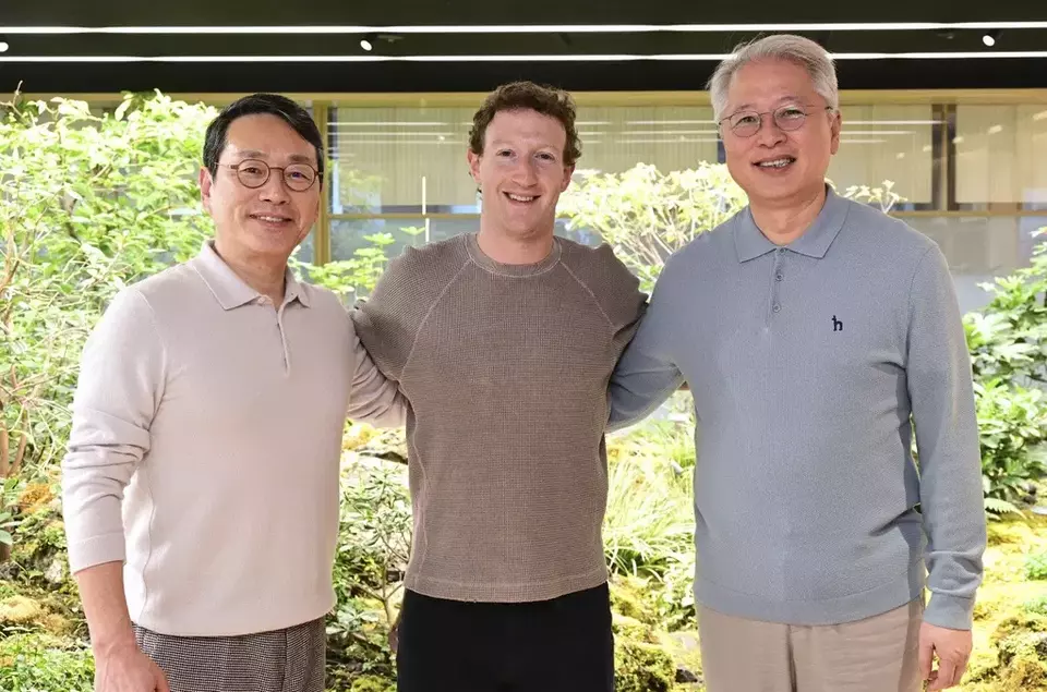 In this photo provided by LG Electronics, its CEO William Cho, from left, Meta CEO Mark Zuckerberg and LG COO Kwon Bong-seok pose for a photo after their meeting at LG Twin Towers headquarters in Seoul, South Korea, Wednesday, Feb. 28, 2024. (LG Electronics via AP)