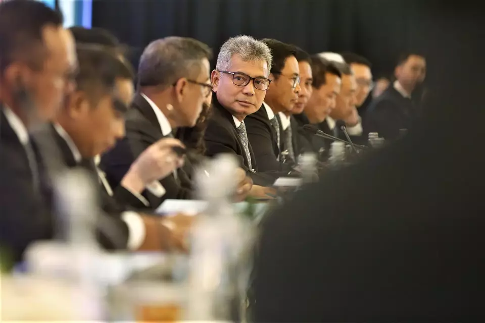 Bank Rakyat Indonesia (BRI) President Director Sunarso, center, attends the annual shareholders meeting in Jakarta, Friday, March 1, 2024. (B-Universe Photo/David Gita Rosa)