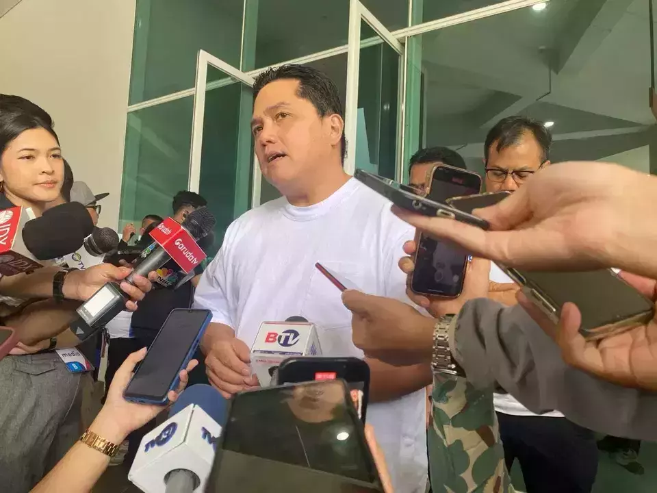 State-Owned Enterprises Minister, Erick Thohir, speaking to reporters at the sideline of the 74th-anniversary celebration of state-lender BTN in Jakarta on Sunday, March 3, 2024. (Beritasatu.com/Alfida Rizky Febrianna)