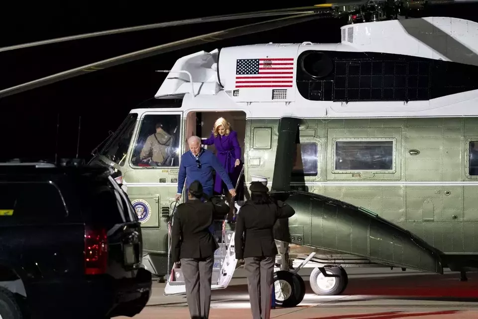 President Joe Biden and first lady Jill Biden arrive on Marine One at Delaware Air National Guard Base in New Castle, Del., Friday, March 8, 2024. (AP Photo/Stephanie Scarbrough)