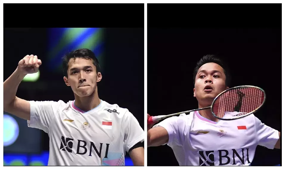 The combo image shows Jonatan Christie, left, and Anthony Ginting during the All England semifinal matches in Birmingham, England, Saturday, March 16, 2024. (AP Photo)