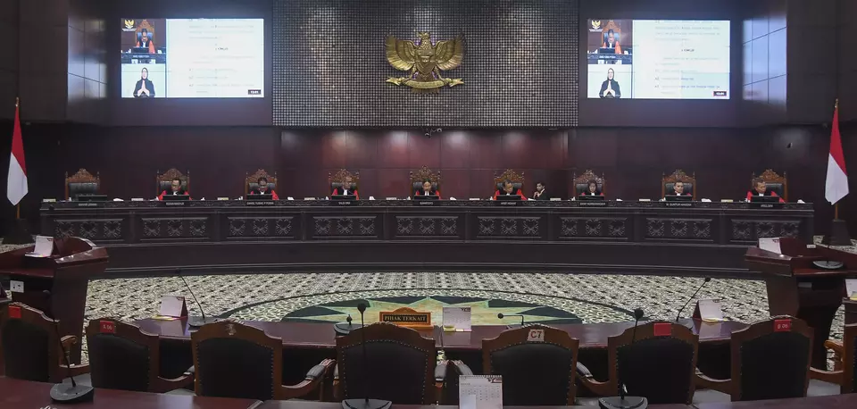 Eight Constitutional Court justices hold a hearing on the election at the Constitutional Court building in Jakarta, Thursday, Feb. 29, 2024. (Antara Photo/Aditya Pradana Putra)