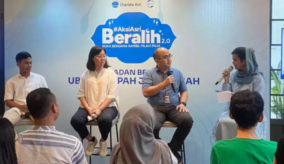 (Left to right) Elang Djoditama, a representative from “Sobat Asri”, Rebricks Indonesia chief executive officer Novita Tan, Chandra Asri Group's Circular Economy dan Partnership Section Manager Nicko Setyabudi at a talkshow in Jakarta on March 27, 2024.