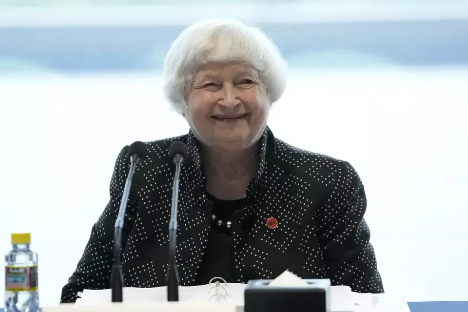 US Treasury Secretary Janet Yellen smiles at the Business Leaders Roundtable meeting at Baiyun International Conference Center (BICC) in southern China s Guangdong province, Friday, April 5, 2024. (AP Photo/Andy Wong, Pool)