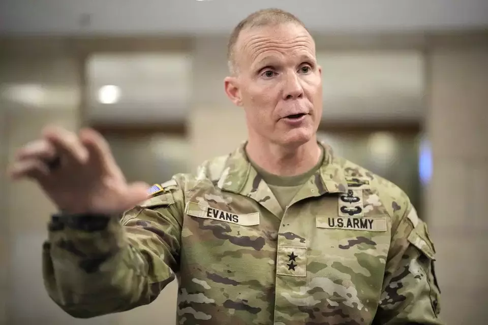 FILE - Maj. Gen. Marcus Evans, Commanding General of the US Army s 25th Infantry Division, gestures during an interview with The Associated Press on Feb. 8, 2024, in Manila, Philippines. (AP Photo/Aaron Favila, File)