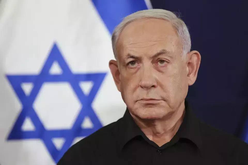 FILE - Israeli Prime Minister Benjamin Netanyahu attends a press conference in the Kirya military base in Tel Aviv, Israel on Oct. 28, 2023. (Abir Sultan/Pool Photo via AP, File)