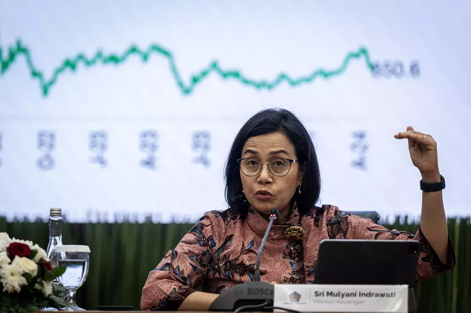Finance Minister Sri Mulyani holds a press conference in Jakarta on April 26, 2024. (Antara Photo/Bayu Pratama S)