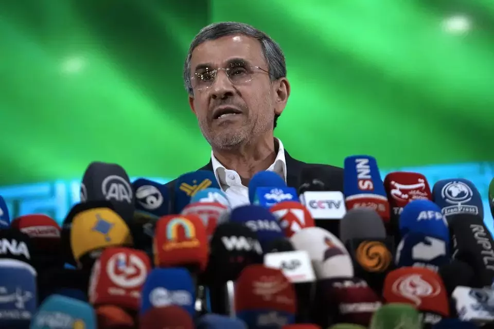 Iranian former President Mahmoud Ahmadinejad speaks in a press briefing after registering his name as a candidate for the June 28 presidential election at the Interior Ministry, in Tehran, Iran, Sunday, June 2, 2024. (AP Photo/Vahid Salemi)
