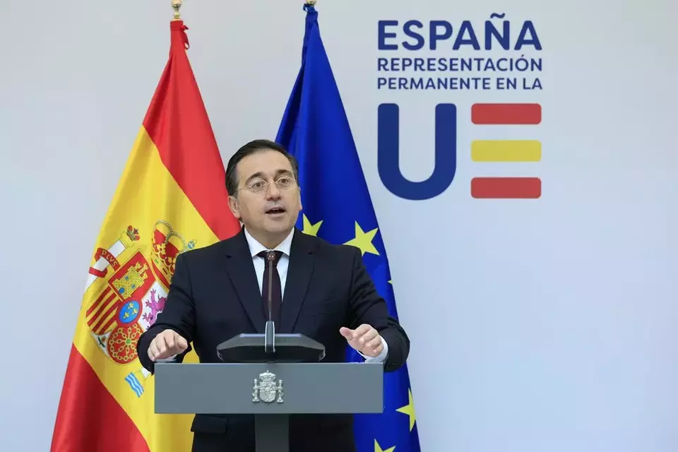 FILE - Spanish Foreign Minister Jose Manuel Albares Bueno addresses a media conference prior to talks on the Middle East in Brussels, on May 27, 2024. (AP Photo/Geert Vanden Wijngaert, File)