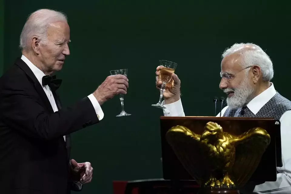 FILE - Indian Prime Minister Narendra Modi offers a toast during a State Dinner with President Joe Biden at the White House in Washington, Thursday, June 22, 2023. (AP Photo/Susan Walsh, File)