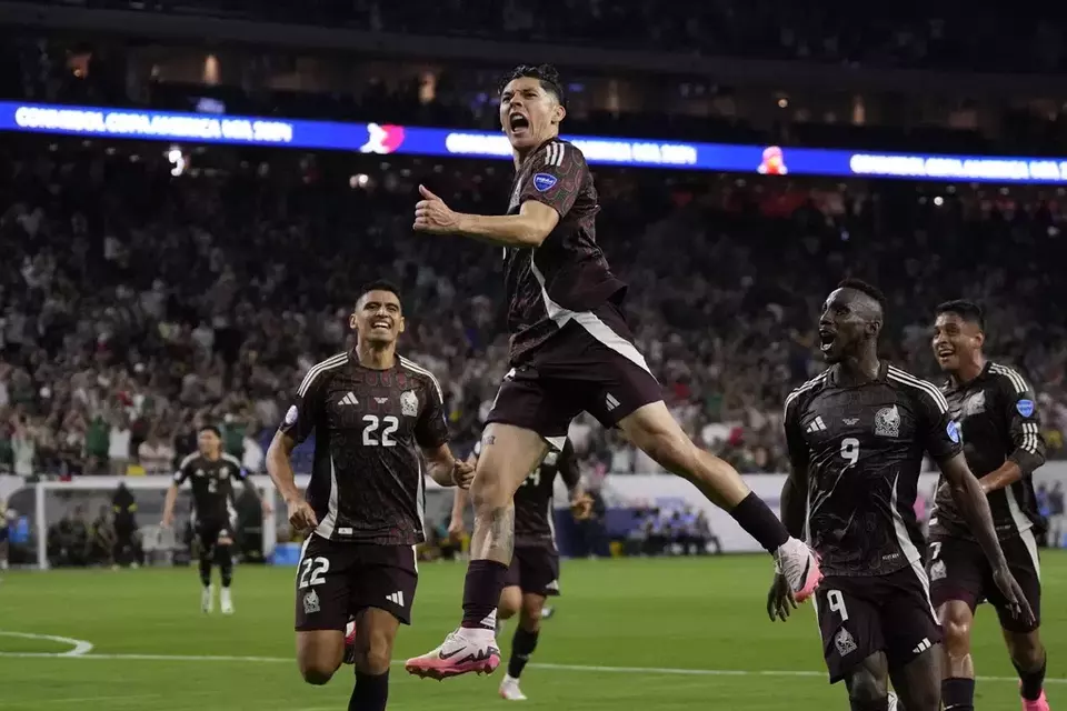 Gerardo Arteaga celebrates scoring the opening goal for Mexico against Jamaica during a Copa America Group B soccer match in Houston, Saturday, June 22, 2024. (AP Photo/David J. Phillip)