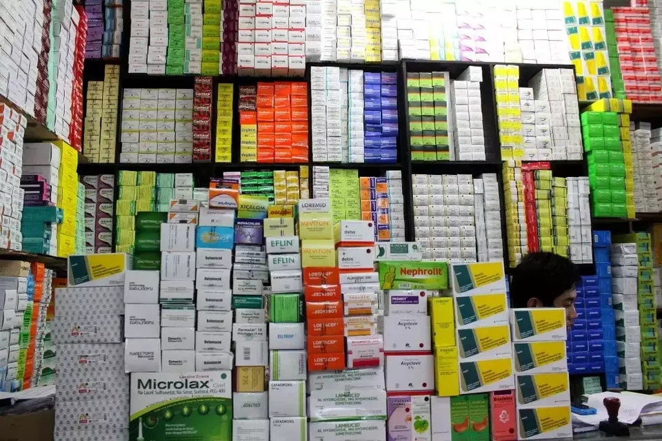 This undated photo shows stacks of medicines displayed in a pharmacy. (Antara Photo)