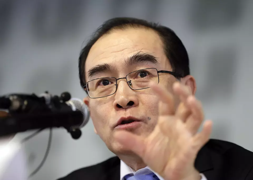 Tae Yongho, a former minister of the North Korean Embassy in London who fled to South Korea in 2016, speaks to the media in Seoul, South Korea, Feb. 19, 2019. (AP Photo/Lee Jin-man)